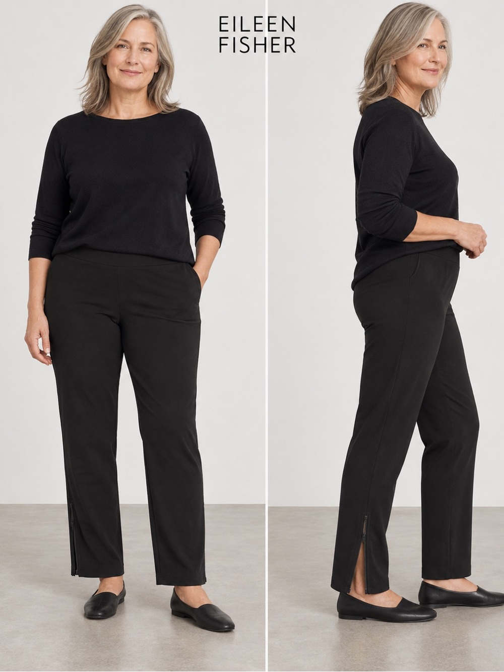 Eileen Fisher Black Stretch Ponte Ankle Zip Pants Size L Pull On Slim Leg